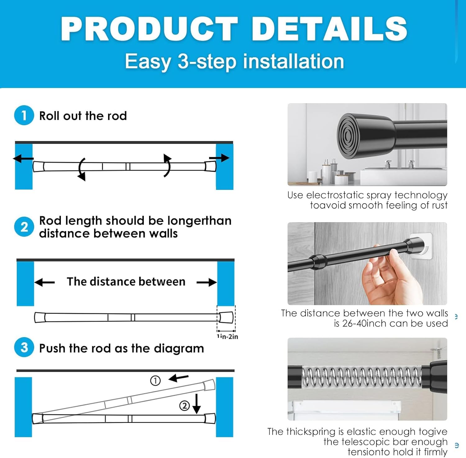 1Pack Spring Tension Curtain Rod 26-39 inch Black Adjustable Spring Ro