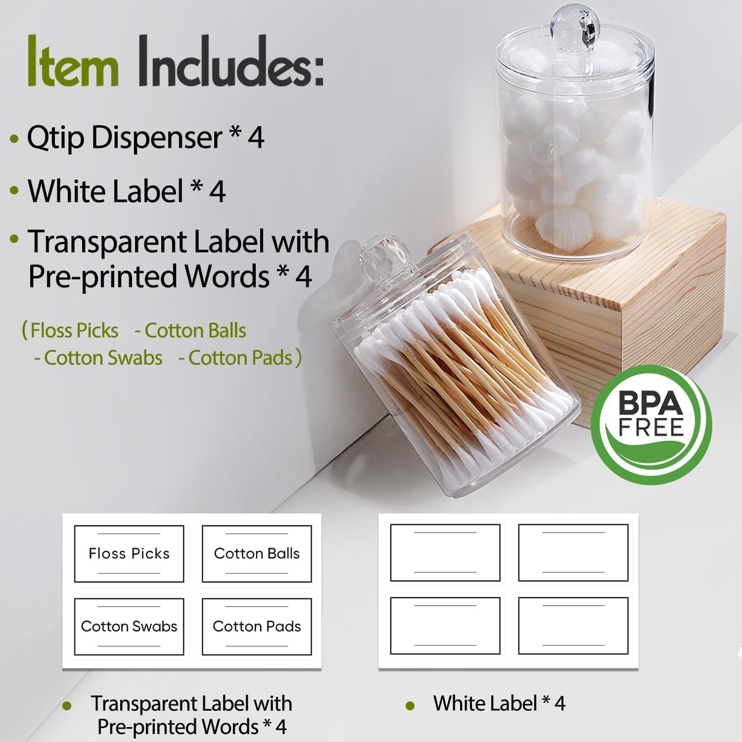 4 Pack Acrylic Qtip Holder Dispenser for Cotton Swabs, Balls, Pads, Floss Picks- Small Clear Acrylic Canister Apothecary Jar Set, Bathroom Essentials Accessories Decor, Vanity Makeup Storage Organizer