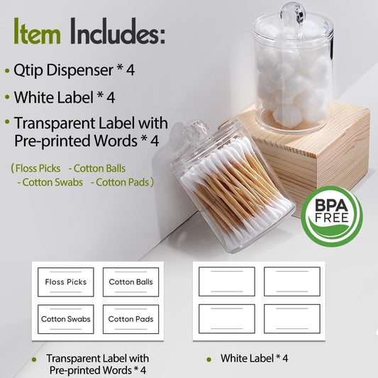 4 Pack Acrylic Qtip Holder Dispenser for Cotton Swabs, Balls, Pads, Floss Picks- Small Clear Acrylic Canister Apothecary Jar Set, Bathroom Essentials Accessories Decor, Vanity Makeup Storage Organizer
