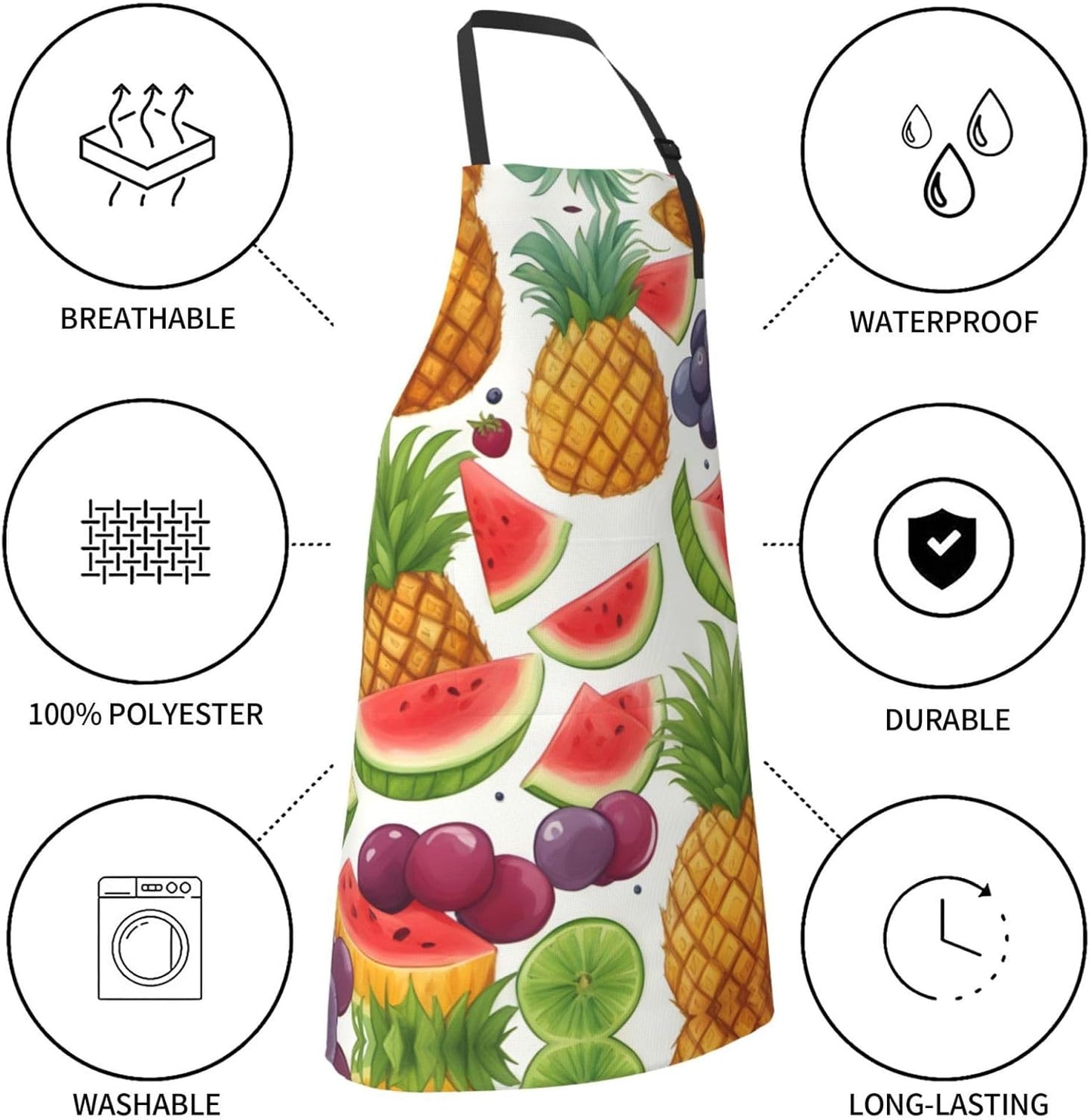Fresh Juicy Fruits Pineapple Berries Grape Orange print Waterproof chef's apron with pocket apron for kitchen cooking baking barbecue and gardening