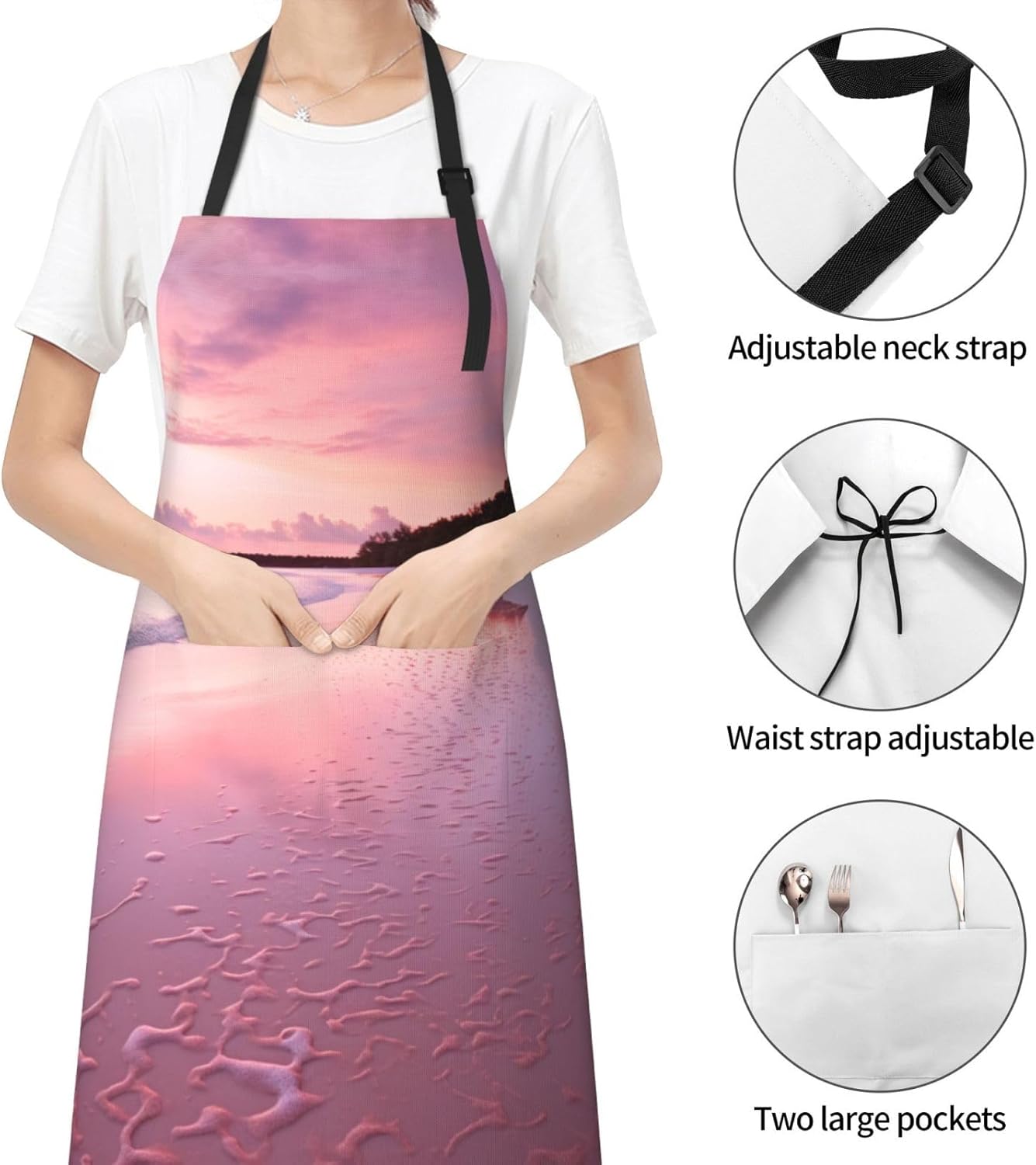 Pink Beach print Waterproof apron with pocket adjustable cooking apron for adult kitchen bibs to bake