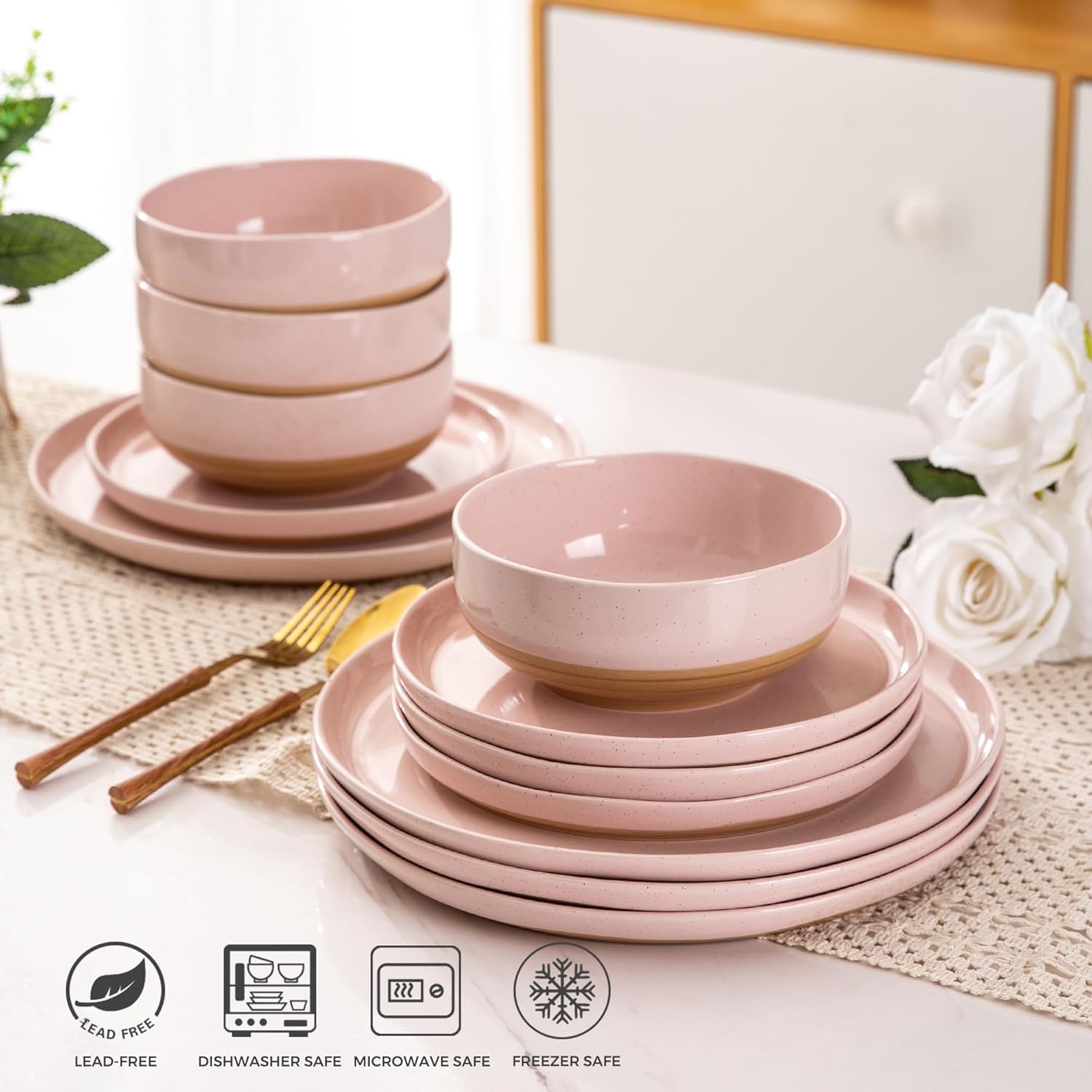 AmorArc Ceramic Dinnerware Sets for 4, 12 Pieces Handpainted Plates an