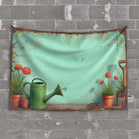 MZBS Tapestry With Words Garden Tools And Flowers On A Wooden Table. T