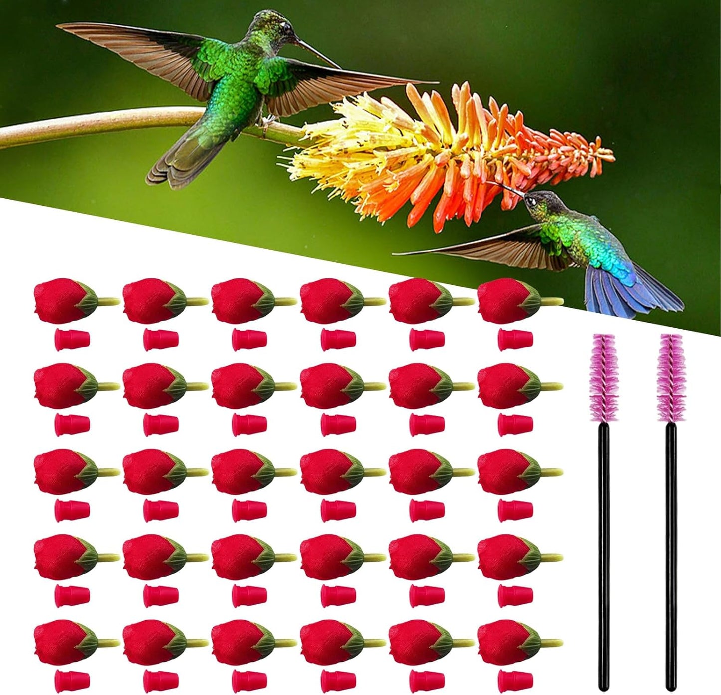 30Pcs Hummingbird Feeders Replacement Flowers, Unique Pet Bird Feeder Replaceable Flowers Parts with 2 Cleaning Brush, Hummingbird Feeding Ports Bee Guards for Outdoor Hanging Feeders (Red)