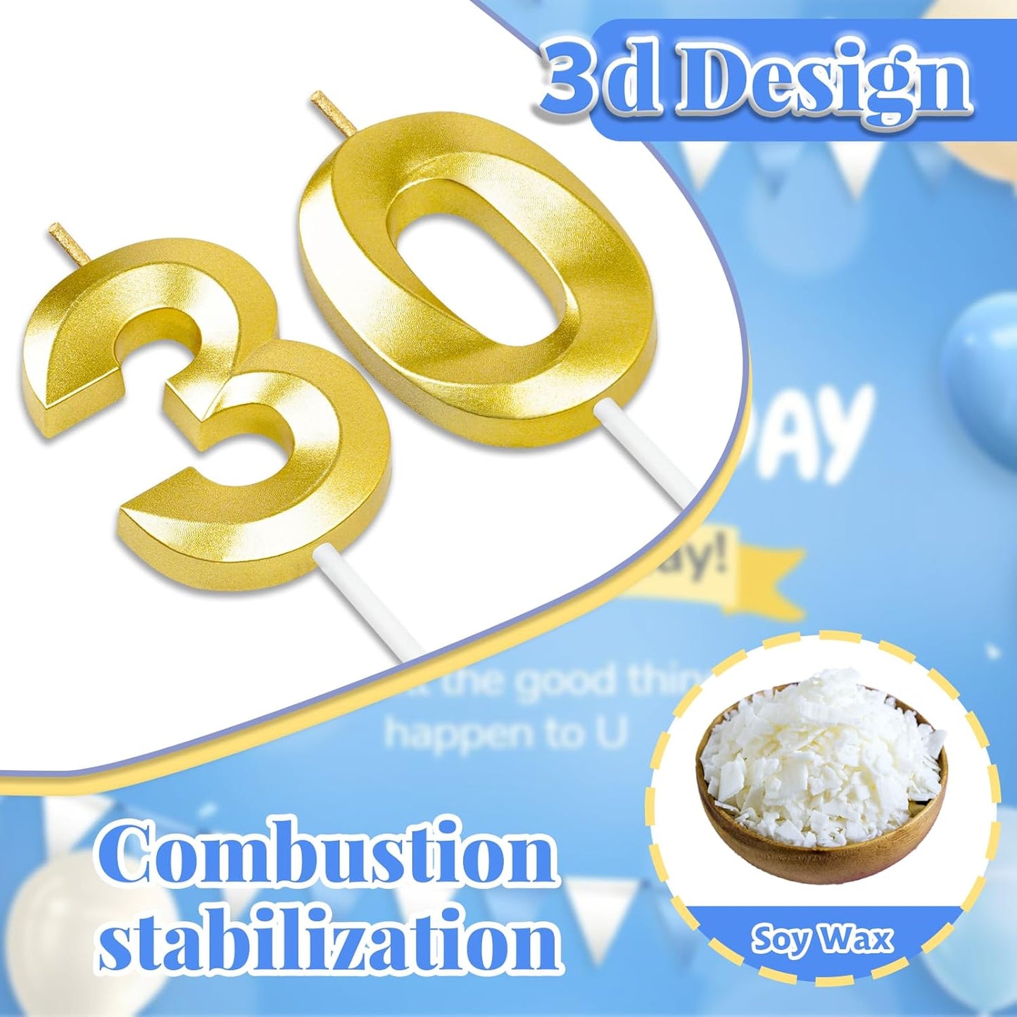 30th Birthday Candles for Cake,Birthday Decorations for Him Her,Number Candles for Cake Toppers Party Anniversary (30)