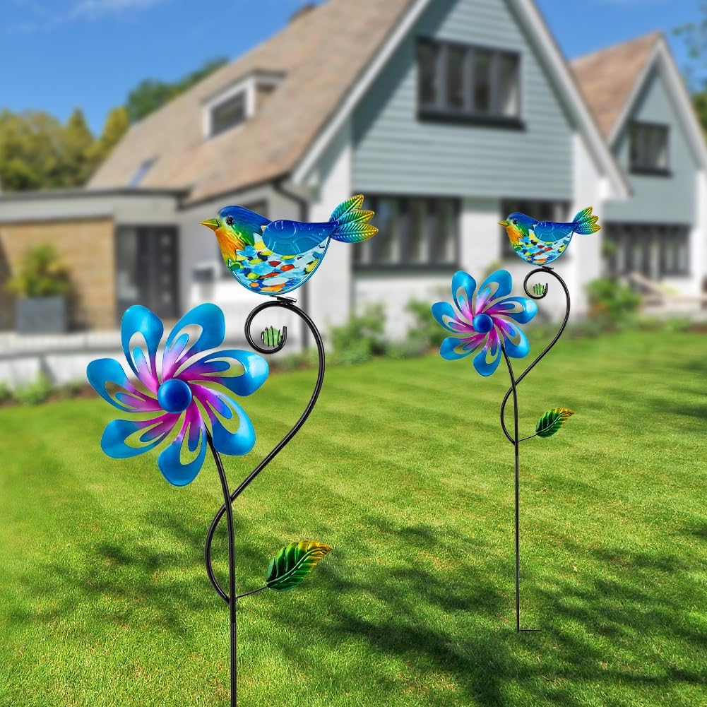 Wind Spinners Outdoor, Kinetic Metal Wind Spinner, Decorative Glass Bird Windmill Waterproof Pinwheels for Yard and Garden Decor