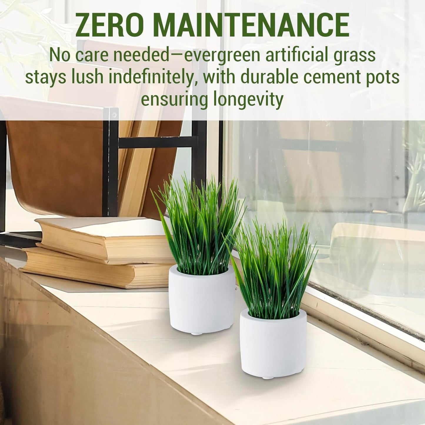 MyGift Artificial Grass Plants in Modern Cylindrical White Cement Pots, Decorative Faux Greenery Plant in Tabletop Planter, Set of 2