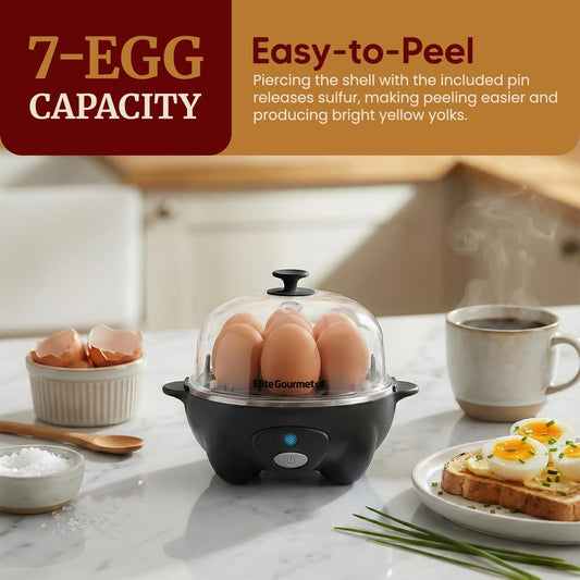 Elite Gourmet EGC-007B# Rapid Egg Cooker, 7 Easy-To-Peel, Hard, Medium, Soft Boiled Eggs, Poacher, Omelet Maker, Auto Shut-Off, Alarm, 16-Recipe Booklet, Black