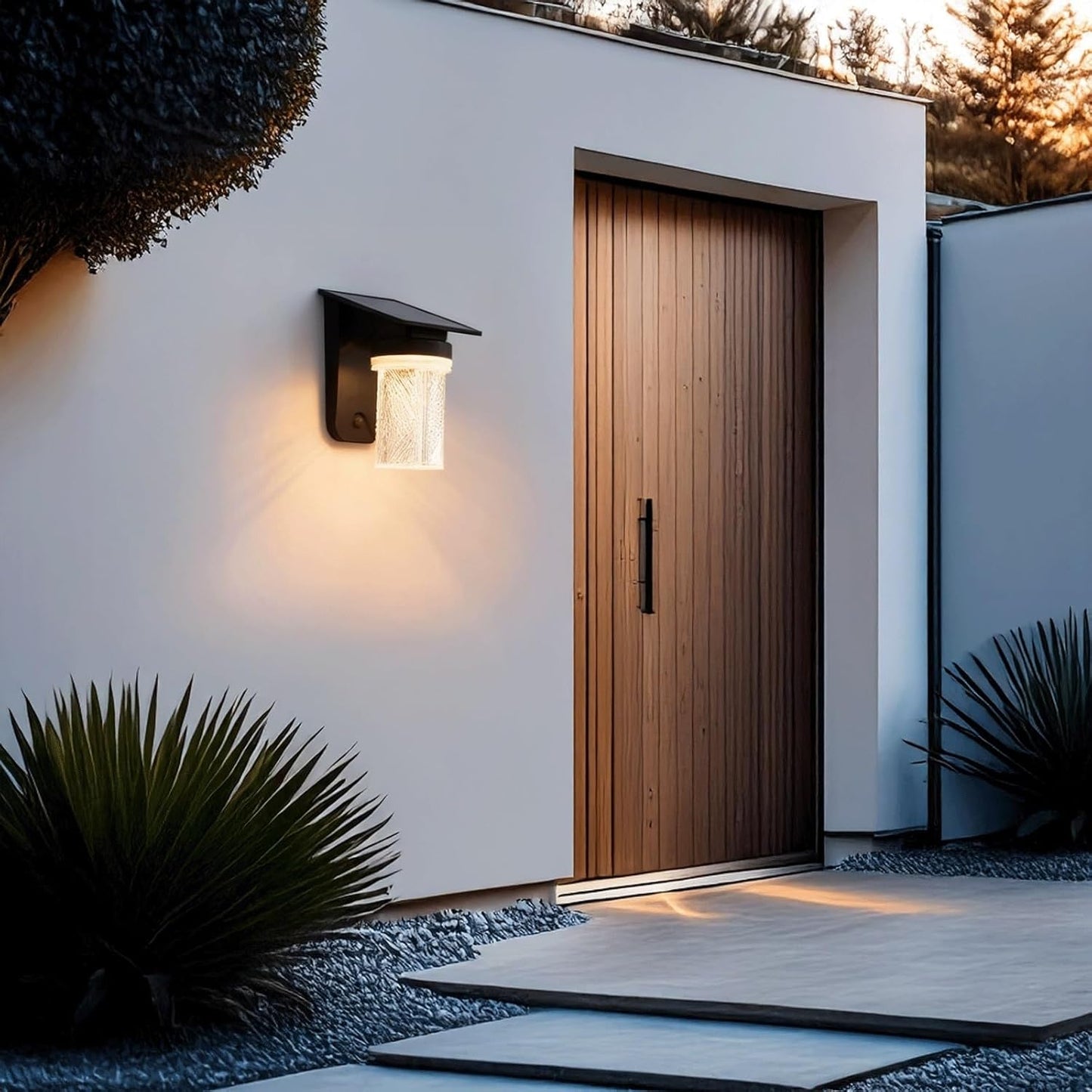 Solar Wall Lantern, Outdoor Wall Sconce, Exterior Wall Light, IP65 Black ABS PC with Textured Shade, Rechargeable 3 Color LED for Porch Garden Patio Balcony Villa Entryway Gate Cottage