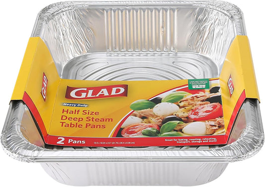Glad Disposable Half Size Aluminum Steam Pans, Deep Heavy Duty Foil Pans for Steaming, Baking, Roasting, Meal Prep, Catering & Freezer Storage, 12.5 x 10.25 x 2.5 Inch, 2 Count