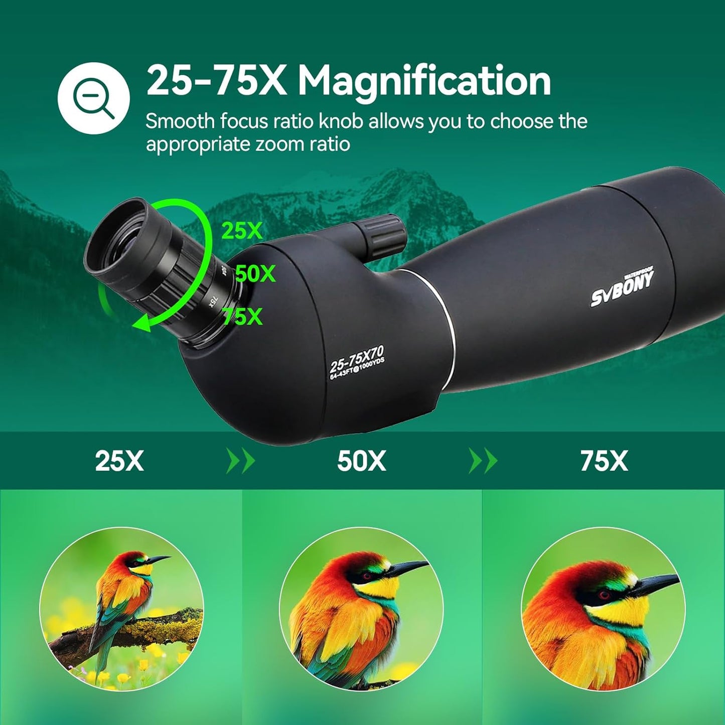 SVBONY SV28 Spotting Scopes with Tripod, 25-75x70 Spotting Scope with Phone Adapter, IP65 Waterproof Fogproof Spotter Scope for Target Shooting, Bird Watching