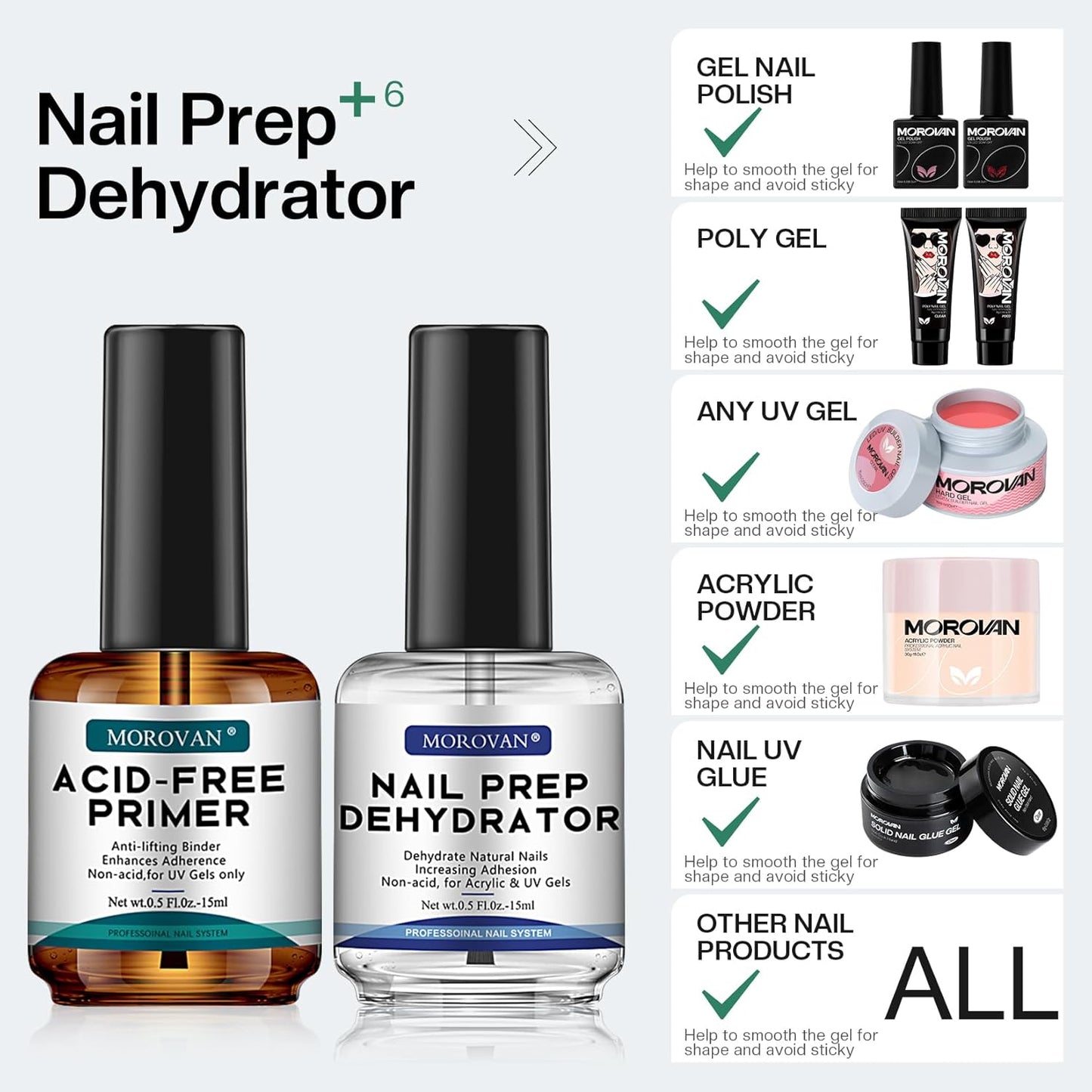 Morovan Professional Natural Nail Prep Dehydrate and Acid-Free Primer,