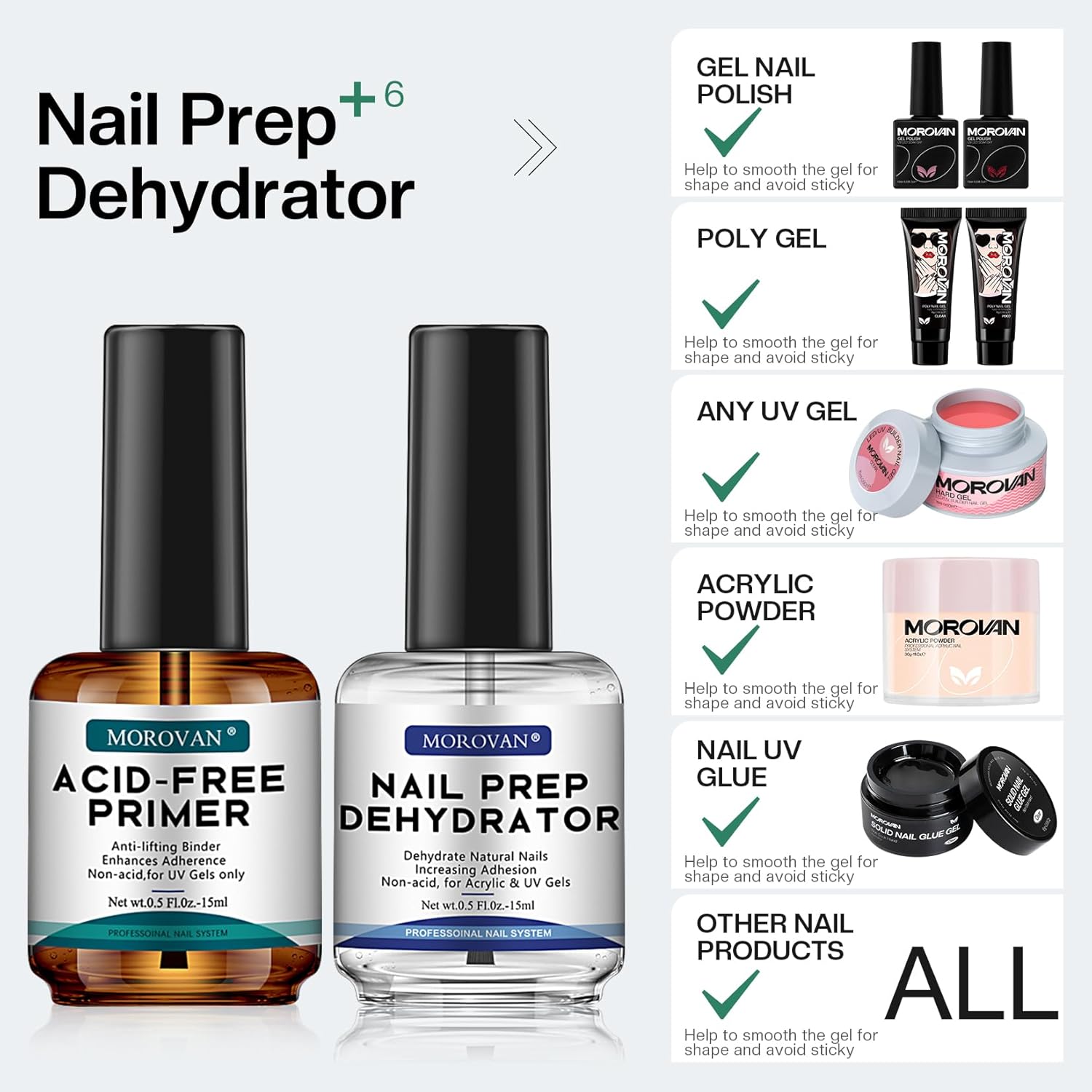Morovan Professional Natural Nail Prep Dehydrate and Acid-Free Primer,
