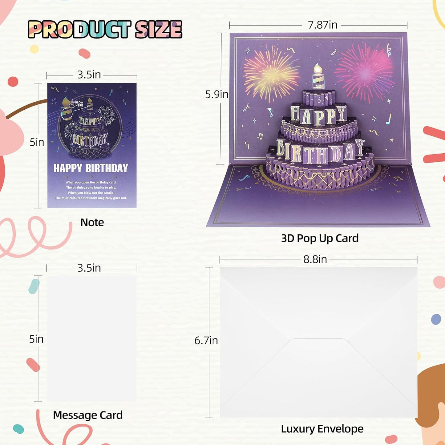 XTF2015 Happy Birthday Cards Fireworks, Lights, Music and Sound Fireworks Cake 3D Pop Up Birthday Cards Gift with Envelope and Note Tag for Women, Men, Kids, Wife, Mom, Husband