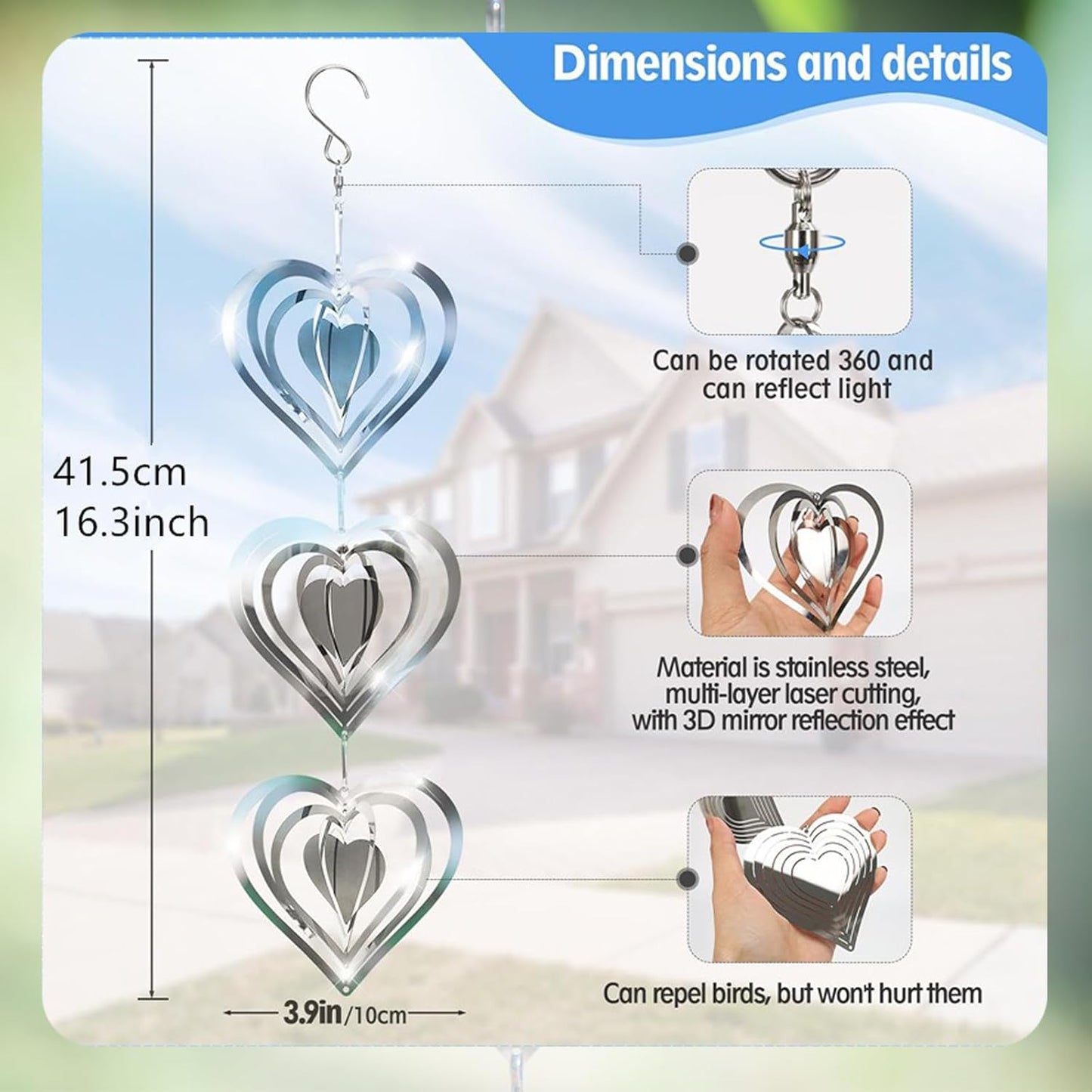 Stainless Steel Wind Spinner,3D Silver Indoor Outdoor Garden Decoration Crafts Ornaments,Metal Wind Chimes for Outside Decor,Decorations to Scare Away Yard Birds (Heart-Wind Sculpture)