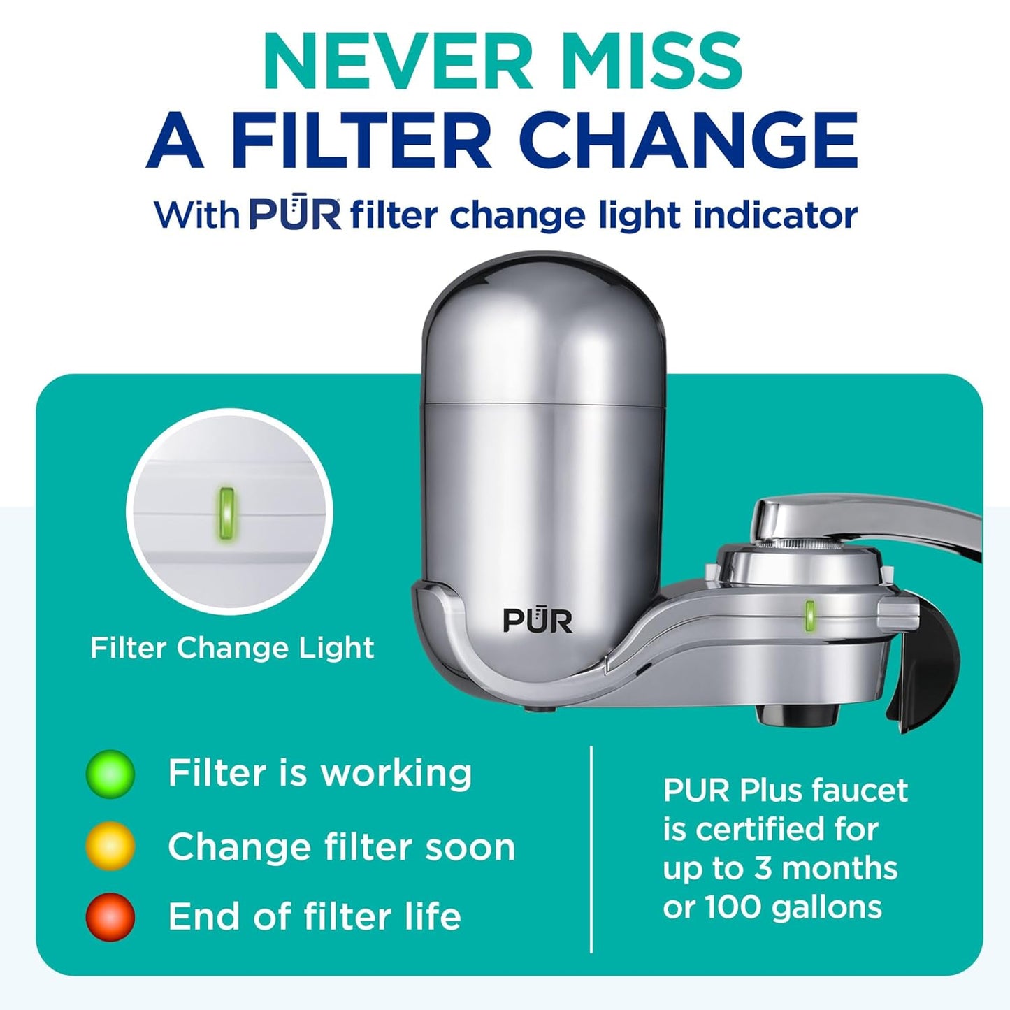 PUR PLUS Vertical Faucet Mount Water Filtration System, Lead-Reducing Filter, Great-Tasting Water, Easy Install, Lasts 100 Gallons, Compatible with Sinks with External Aerators, Chrome