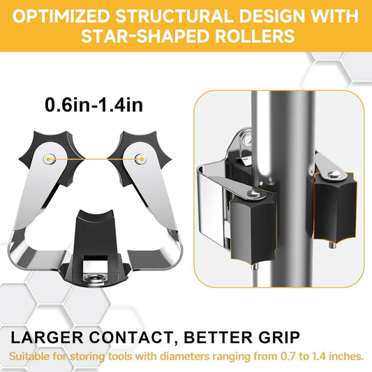 Broom Holder Wall Mount, 12 Pack Single Metal Mop Clips & Gripper, Wall Mounted Hanger with Star-Shaped Rollers and Nickel Plated Brackets for Garden Tools Storage