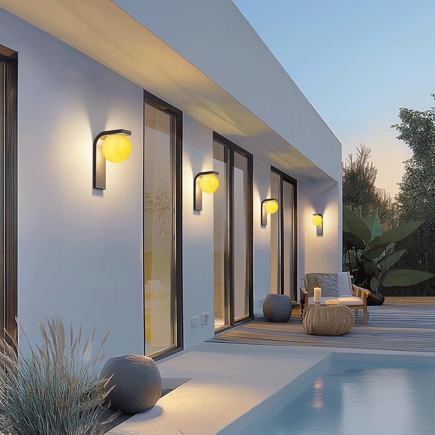 Solar Moon Outdoor Wall Lamp, Modern Stainless Steel Sconce with Orb Fiberglass Shade, Waterproof Exterior Light for Poolside Villa Garden Patio Porch Deck Entryway Terrace Cottage