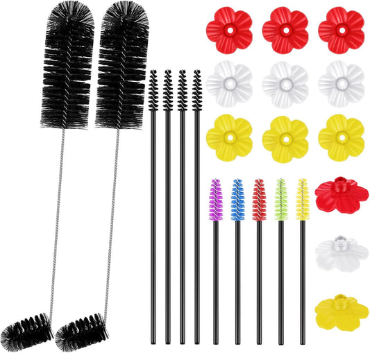 38 Pcs 3 Size Hummingbird Feeder Cleaning Brush Mini Nylon Tube Brush with 16 Bird Replacement Flowers Double Headed 2 in 1 Brushes Accessory for Bird Feeder Outdoor Water Bottles (Bent)