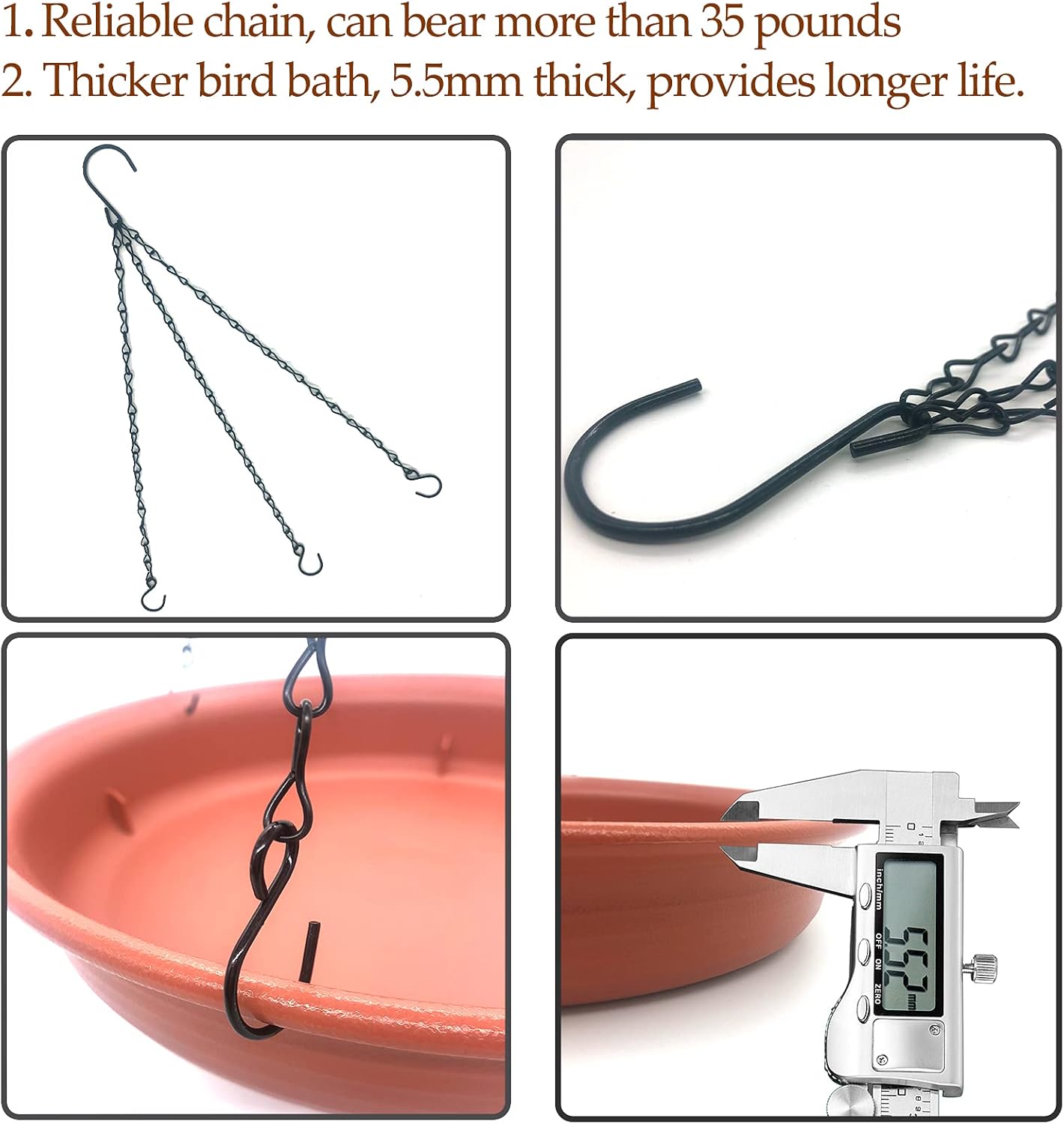 Hanging Bird Bath Bird Feeder for Outdside, 12" in Diameter × 2.25" Deep Brick Red Bird Bath Tray,Made of PP Material with 15.7" Antirust Paint Black Chain for Garden Yard Decoration