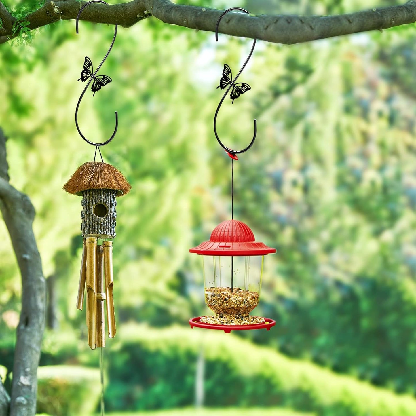 Attractive Bird Feeders Hanger 12-Inch, 2PCS Metal Hummingbird Feeder Hook, Extension Hook with Butterfly Design, to Hang Bird Feeder, Wind Chimes, Lanterns (Black)