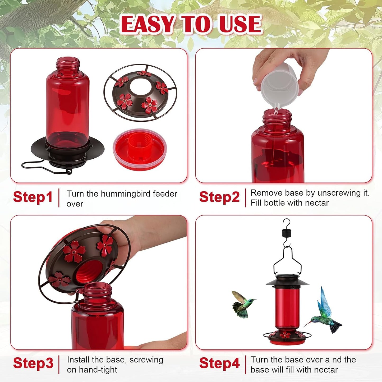 Solar Hummingbird Feeder for Outdoors Hanging Glass 21 Ounce with 5 Bee Guard Feeding Ports and Ant Moat, Leak-Proof, Red