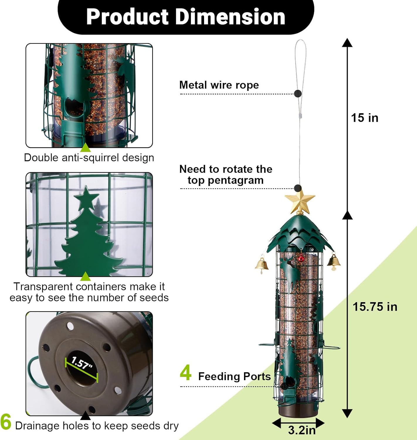 Squirrel Proof Bird Feeders for Outdoors Anti Squirrel Buster Hanging Metal Mesh Wild Bird Seed Feeder with Weight-Activated Perches, 4 Feeding Ports, 2.5LB Capacity, Green