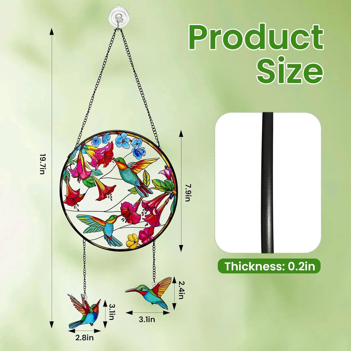 Stained Glass Suncatcher for Window, Marzovitra 8 inch Hummingbird Sun Catcher Hanging with Flowers & 2 Dangling Charms Real Glass Window Decor, Garden Hanging Art Gift for Women, Mom, Nature Lovers
