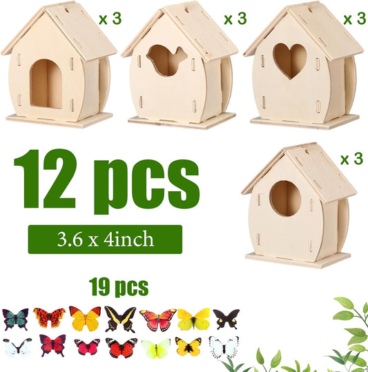 Outus 12 Pcs Wooden Birdhouse Craft Kits to Build, 4 Shapes Wooden Unfinished Bird House with Butterfly Sticker for and Arts Crafts Bulk Painting Kits(Lovely Style,3.6×4 Inch)