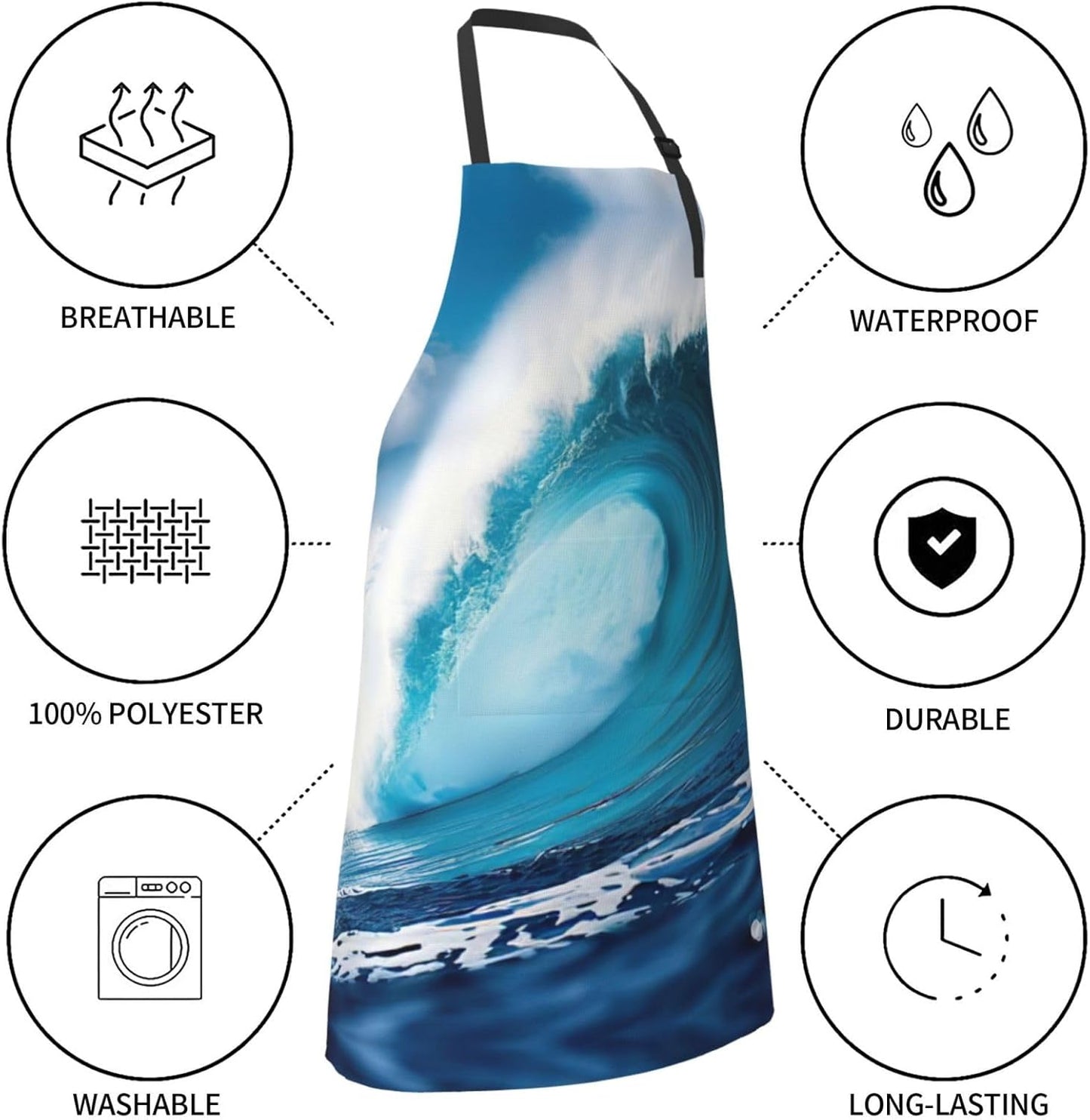 Big Ocean Wave HD print Waterproof chef's apron with pocket apron for kitchen cooking baking barbecue and gardening