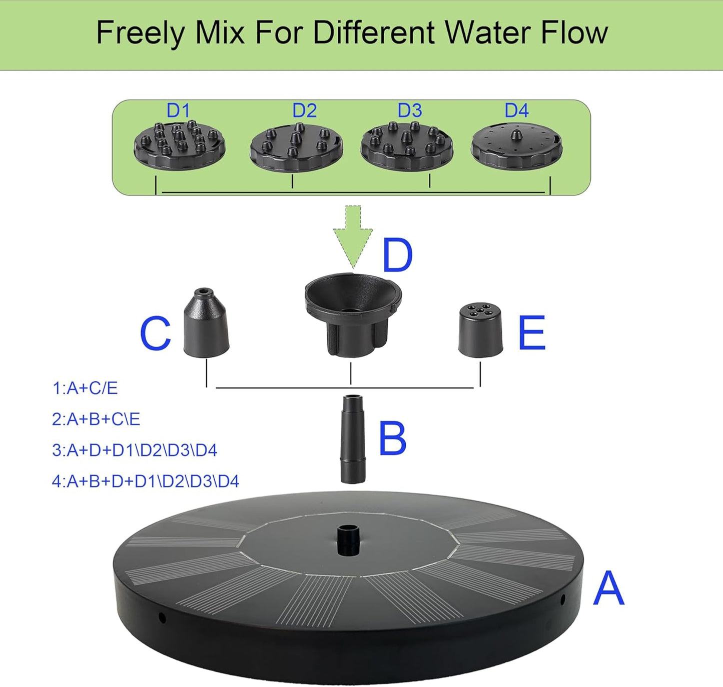 Solar Bird Bath Fountain,1.4W Solar Fountain Pump with 6 Nozzles, Free Standing Floating Solar Powered Water Fountains Pump for Bird Bath, Garden, Pond, Outdoor Decoration
