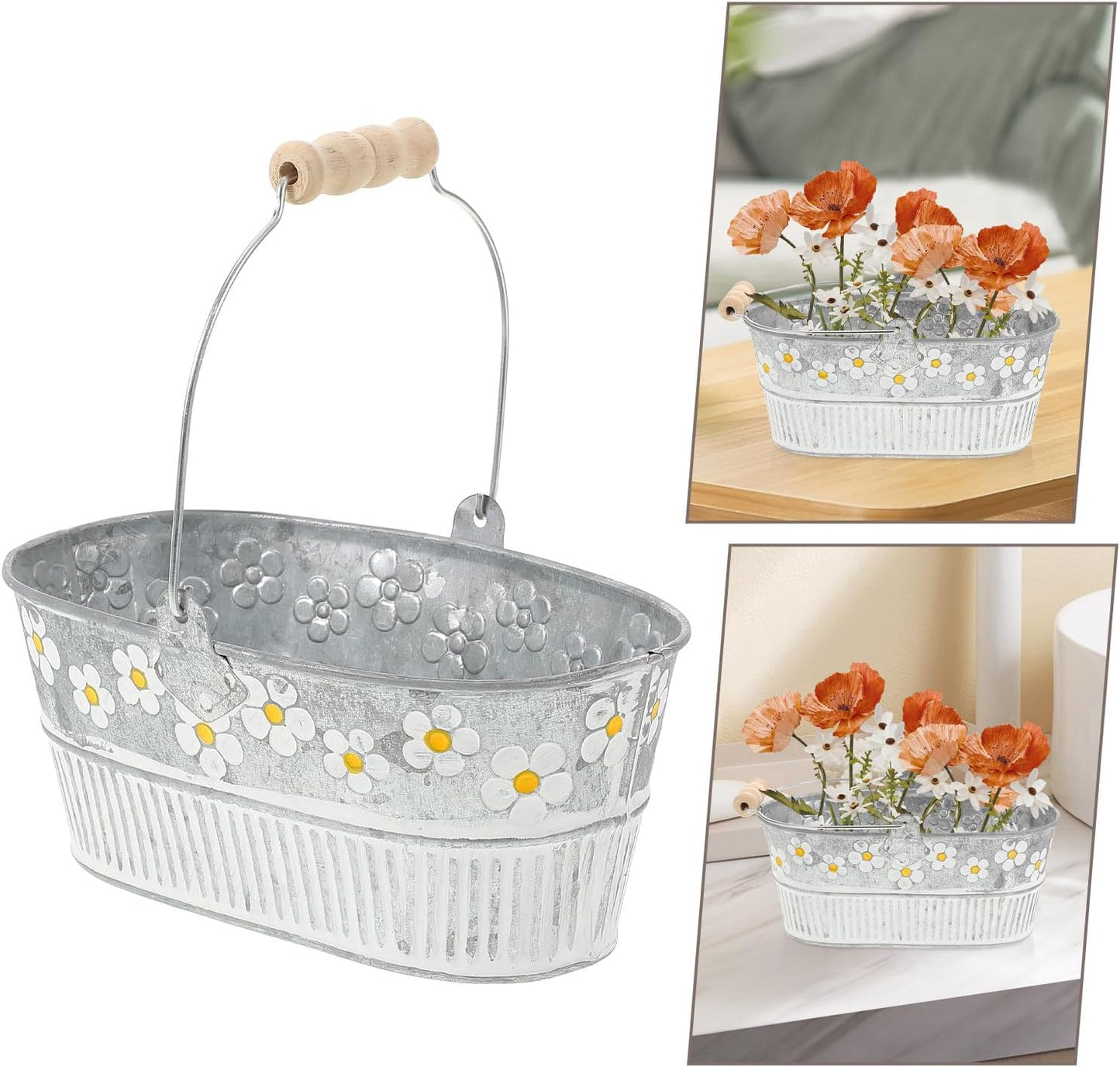 Milisten 2pcs Retro Embossed Daisy Iron Flower Buckets Oval Vintage Pl