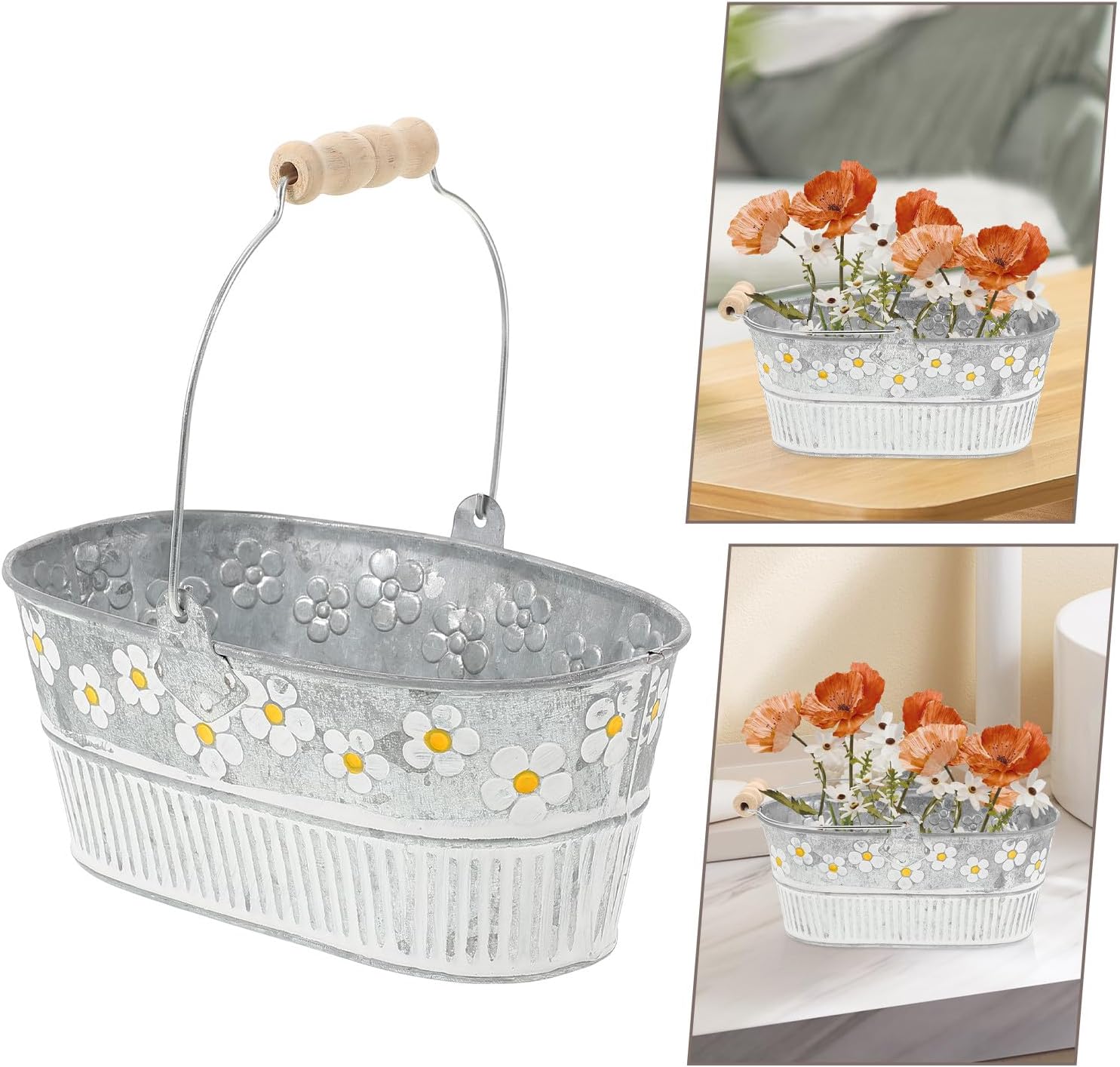 Milisten 2pcs Retro Embossed Daisy Iron Flower Buckets Oval Vintage Pl