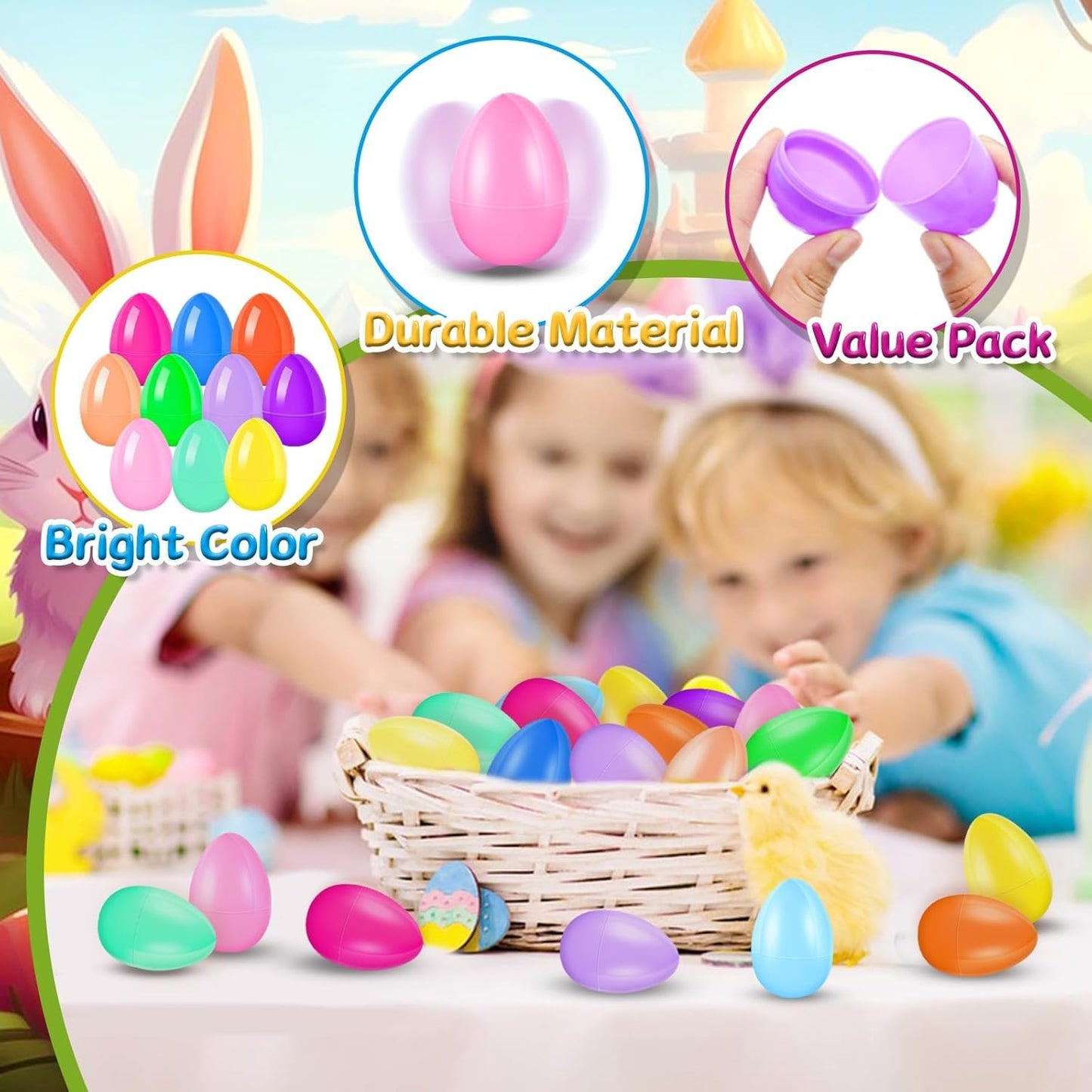 50Pcs Empty Plastic Easter Eggs - Party Decorations, Printed Shells, Fillable Basket Fillers Stuffers, Classroom Prize Egg Supplies Toy for Kids