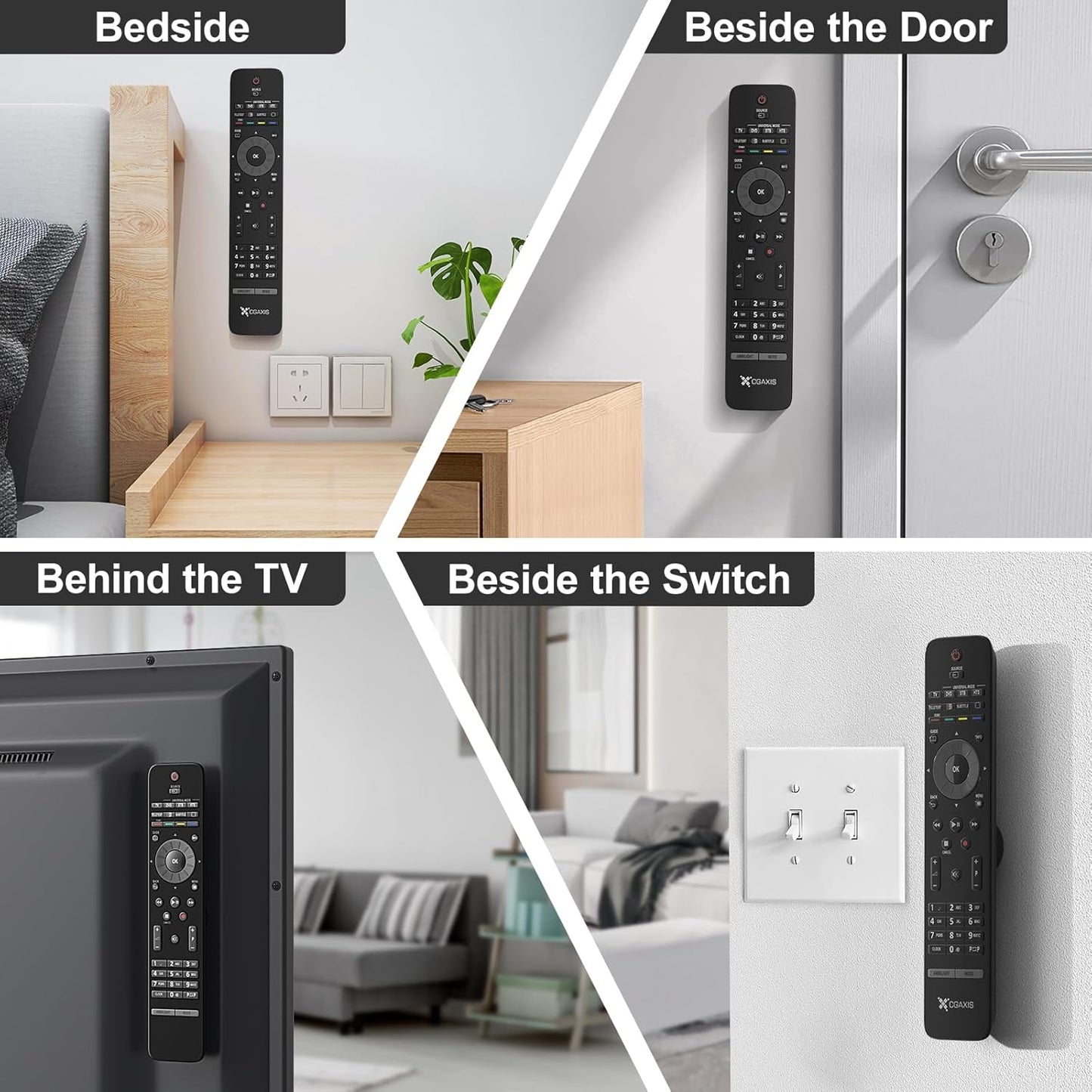 Magnetic Remote Control Holder Wall Mount, 4 Pack TV Remote Control Holder for Fan/Air Conditioner, Self-Adhesive Bedside Caddy for TV Backside/Bedroom/Office/RV Home Organizer Storage(Black)