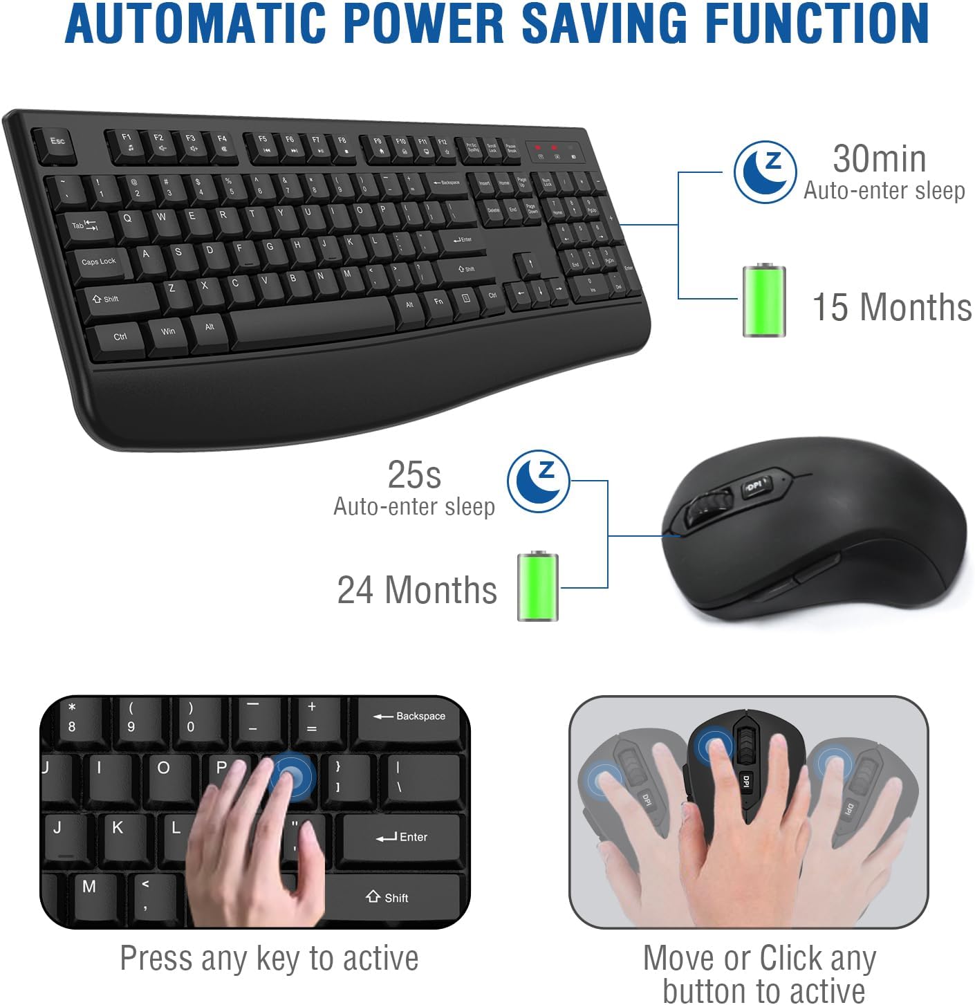 Wireless Keyboard and Mouse Combo, EDJO 2.4G Full-Sized Ergonomic Comp