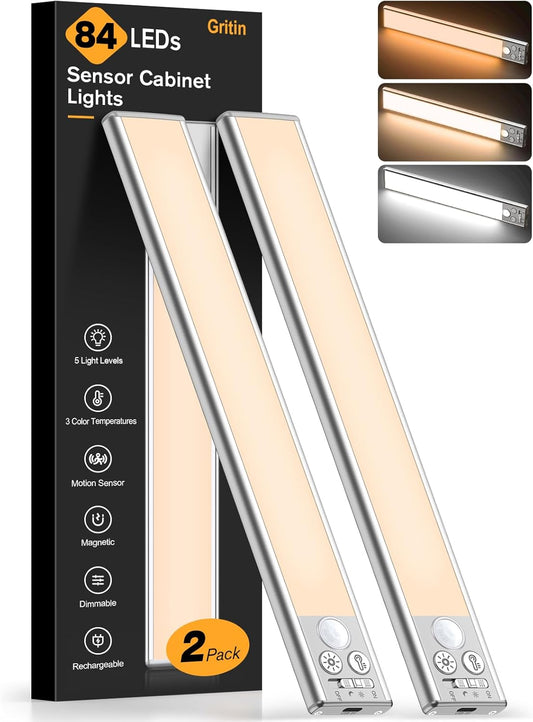 Gritin 10.2inch Under Cabinet Lighting Rechargeable 2 Pack- 3 Color Temps&5 Level Brightness, Super Bright, 4 Modes, Motion Sensor, Long Lasting - Easy Installation Magnetic Under Closet Lights