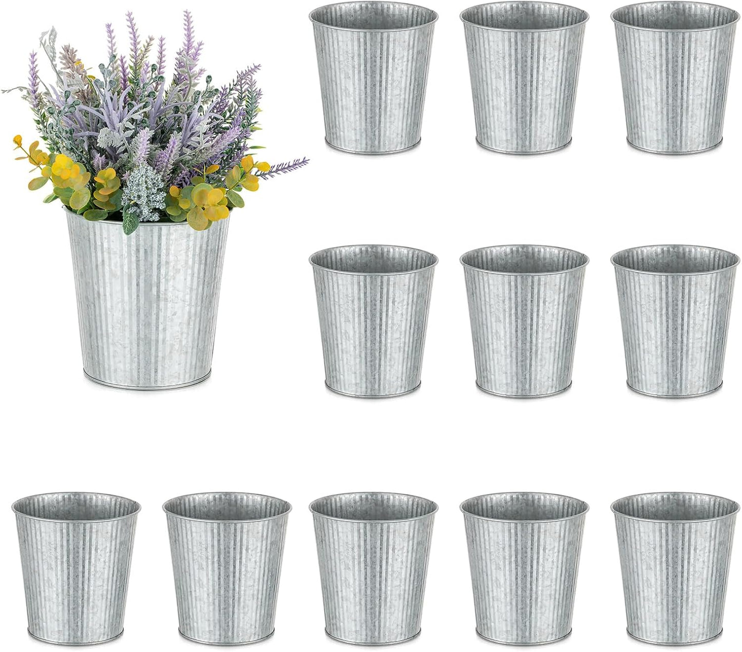 NUPTIO Rustic Galvanized Vases for Centerpiece: 12 Pcs 5" Small Ribbed Vases for Flowers Bulk Metal Bucket Planter Pots for Wedding Table Home Decor