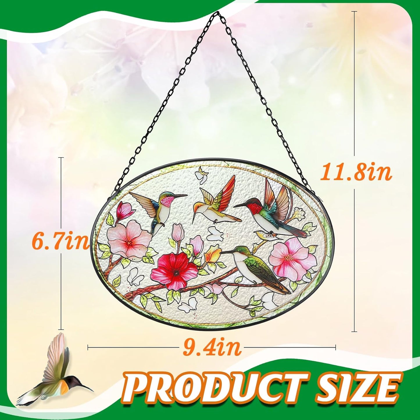 Hummingbird Stained Glass Window Hanging - 6.7" x 9.4" Hummingbird Gift for Women, Sun Painted Glass Panel Catcher Ornament for Home Windows Decor Birds Lover Gifts