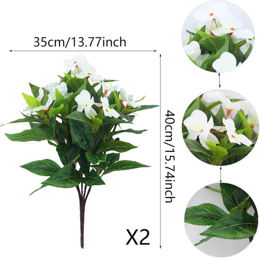2 Pcs Artificial Impatiens Flowers for Outdoors Faux Impatiens Bushes White Silk Flowers Greenery Artificial Impatiens Bouquet for Patio Lawn Garden Pot Hanging Basket Porch Decoration