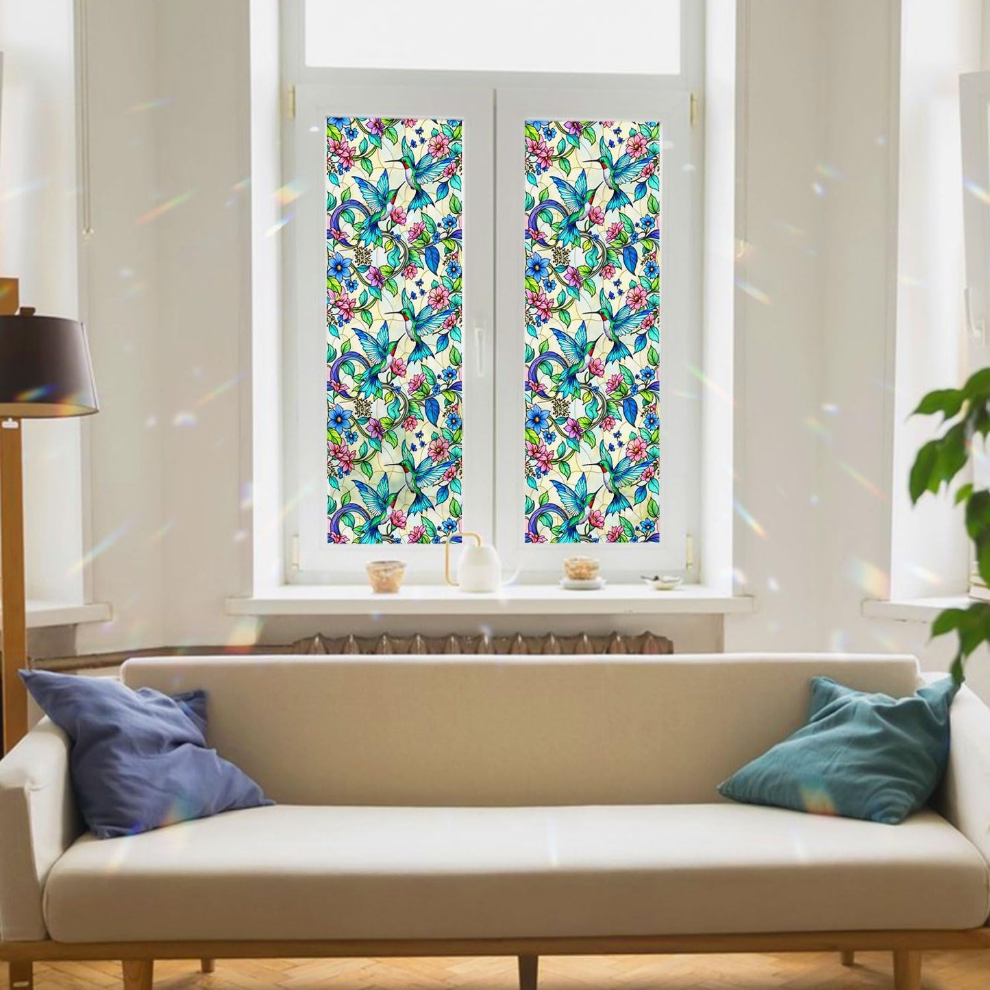 2PCS 17.7x39.4inch Hummingbird Stained Glass Window Film, Hummingbird Stained Glass Window Film for Bathroom Door Heat Anti UV