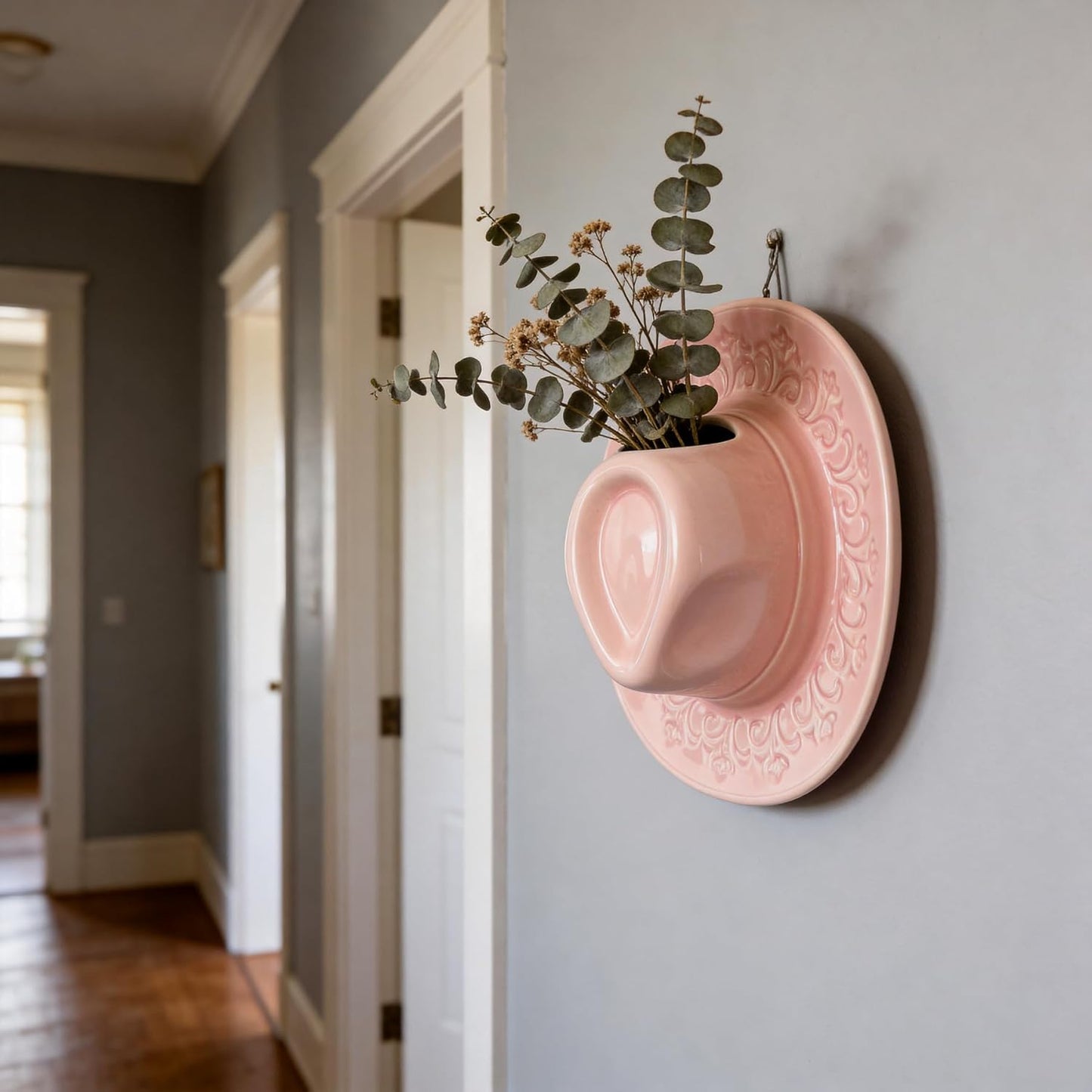 Ceramic Cowboy Hat Vase - 8.2" Pink Handmade Hanging Flower Planter, Western Boho Room Decor & Coastal Cowgirl Aesthetic Wall Art for Home Decor