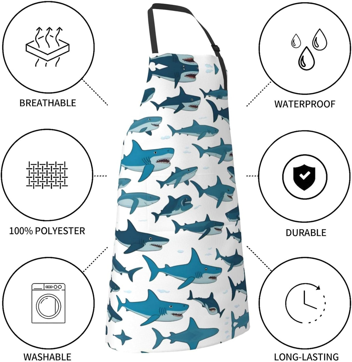 Shark Pattern with Various Gestures print Waterproof chef's apron with pocket apron for kitchen cooking baking barbecue and gardening