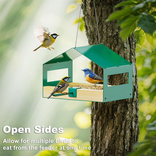 FANHAO Metal Bird Feeder for Outdoor Hanging, Wild Bird Feeder House with Rust-Resistant Mesh, Hanging Platform Bird House Feeder for Attracting Birds, Weatherproof, Easy to Clean & Refill