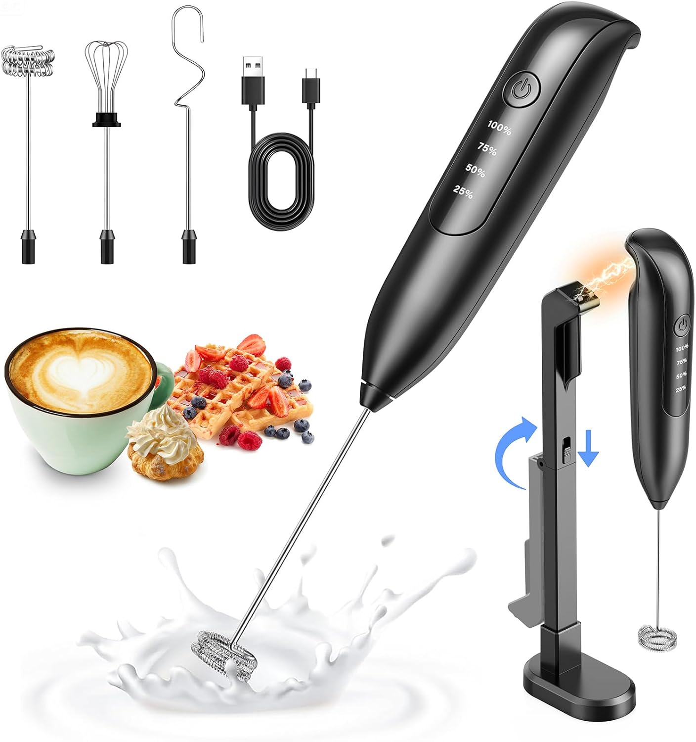 Electric Milk Frother Handheld: coffee frother rechargeable 3 in 1 - L