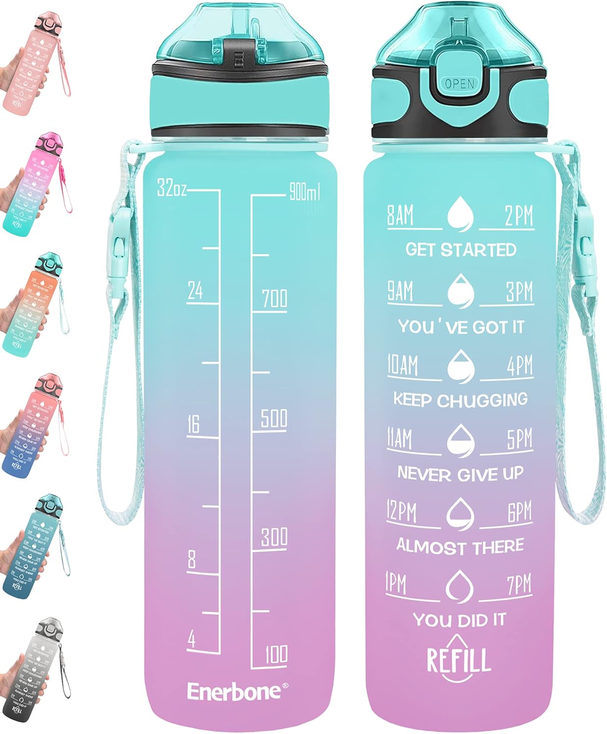 Enerbone 946.4ml(32온스) 음료수 병, 음료 및 빨대를 마실 수 있는 시간, 휴대용 스트랩이 있는 동기 부여, 누출 방지 BPA 및 독성 없음, 피트니스 체육관 야외용으로 충분한 물을 마실 수 있습니다