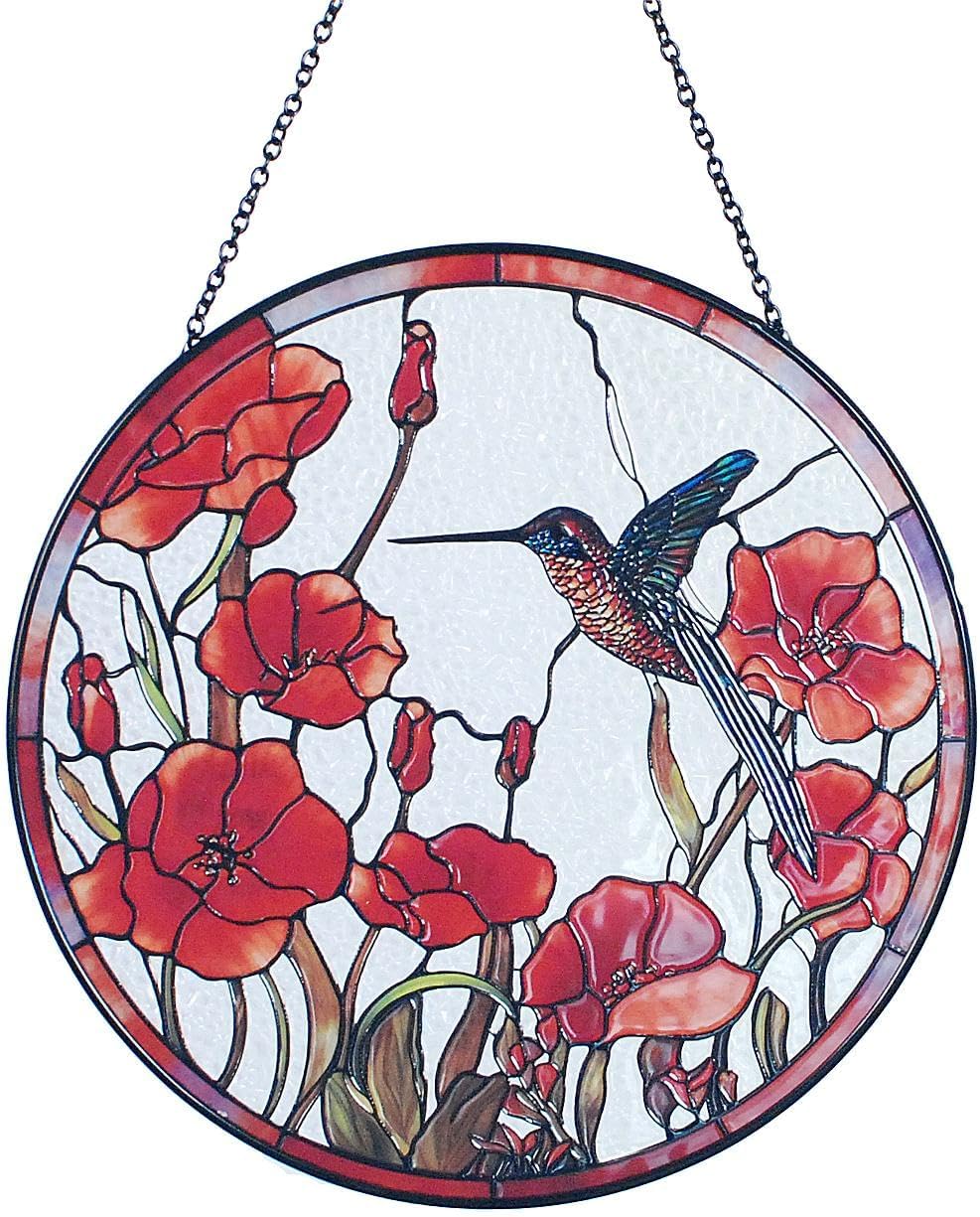 8'' Hummingbird Suncatcher Stained Glass Suncatchers - Originally Designed Red Poppies Ornament for Sun Catcher Indoor Window | Gifts for Hummingbird Lovers Painted Glass Panel Decor