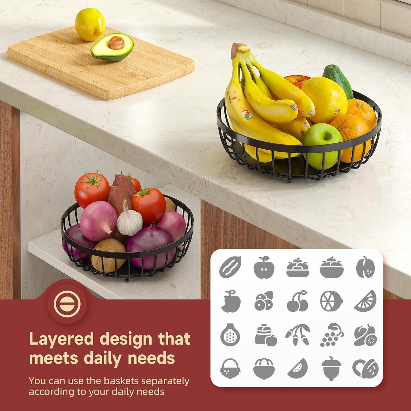 2 Tier Large Fruit Basket for Kitchen Counter with 2 Banana Hangers, M