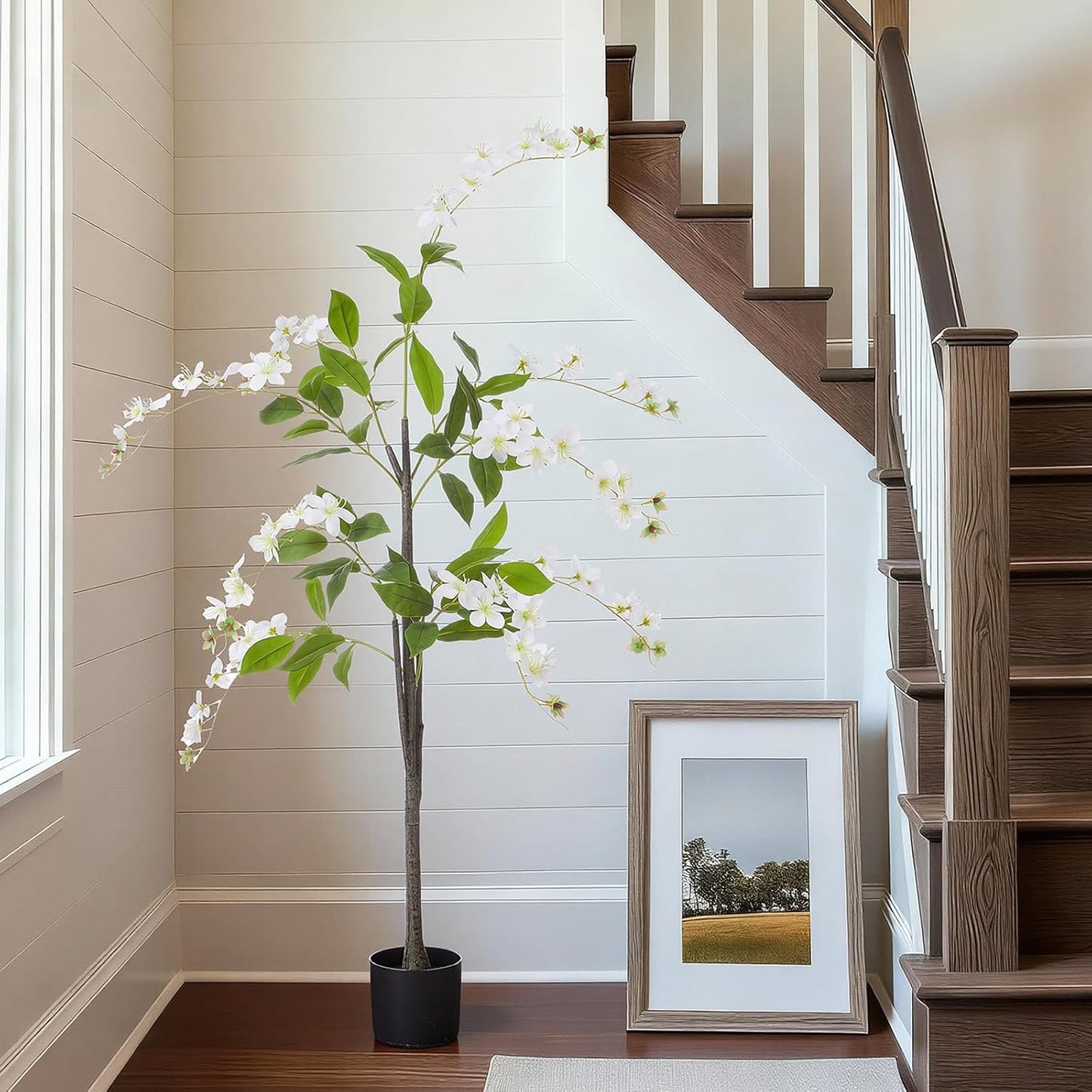 2 Pack 5 ft Artificial Jasmine Flower Tree Faux Flower Tree with Planter UV Resistant Potted Blooming Fake Floor Plant for Indoor Outdoor Home Living Room Office Wedding