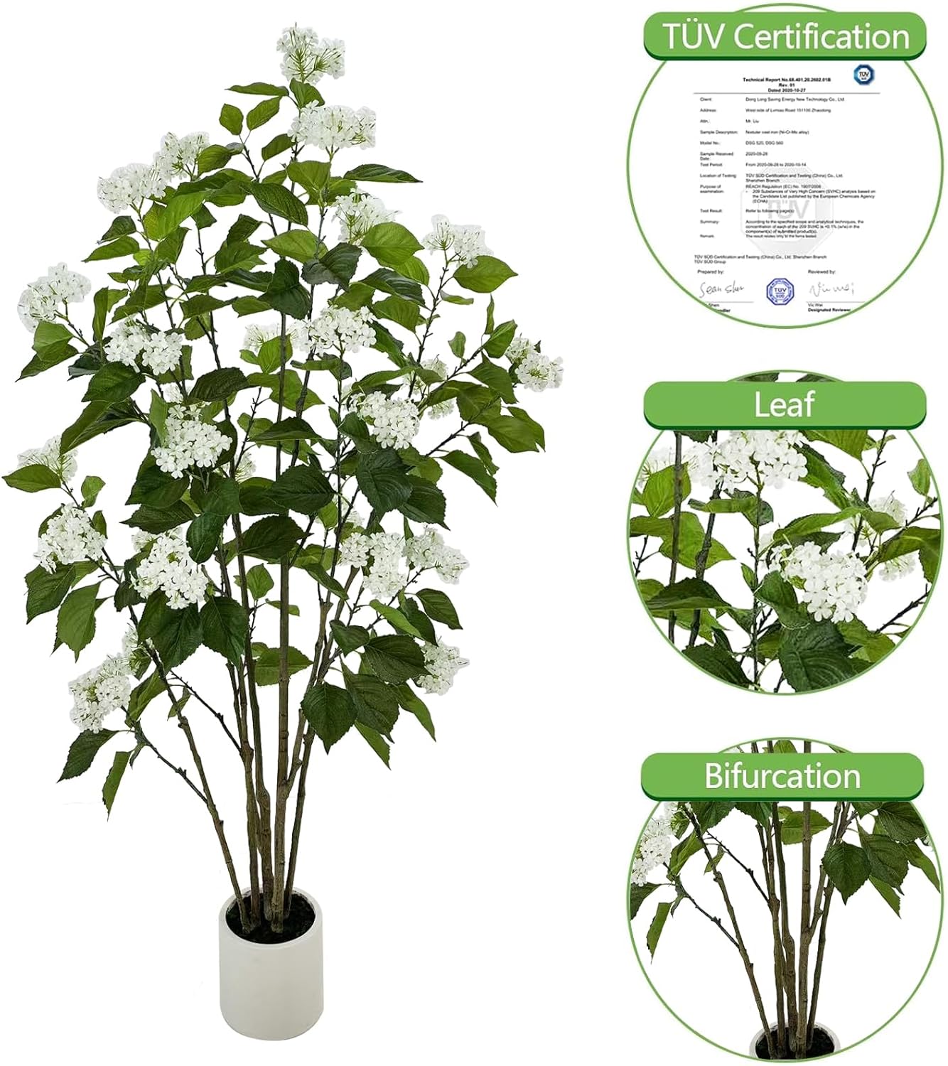 6FT Artificial Hydrangea Tree with 29 Blooms, Potted Fake Plant for Home Office Decor, Realistic Leaves & Bendable Branches, White Planter (6 FT)